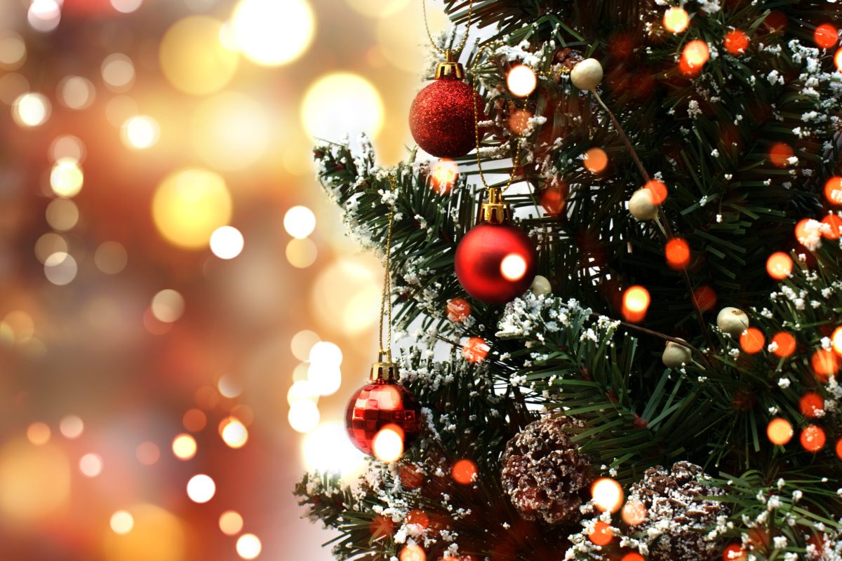 Christmas tree with decorations on a bokeh lights background